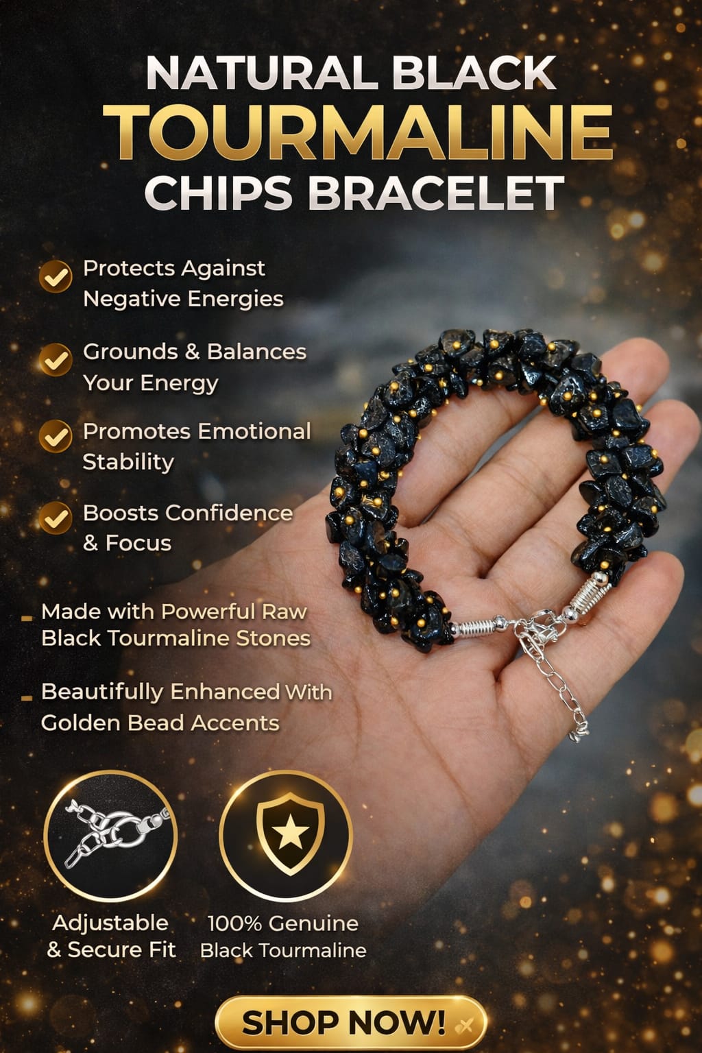 Natural Black Tourmaline Chips Bracelet for Protection & Positive Energy Unisex Lucky Bracelet