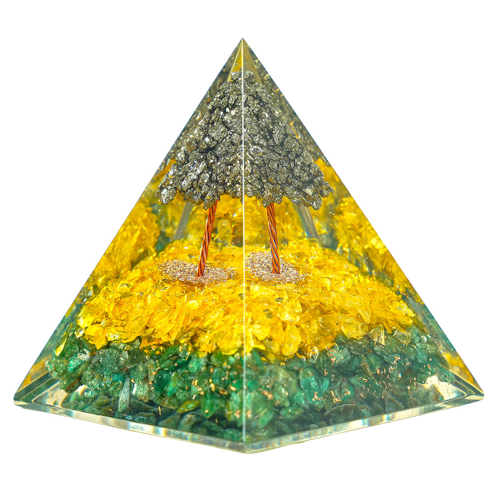 Green Aventurine, Citrine Crystal Orgone Pyramid with Pyrite Tree - 105 mm 60% off