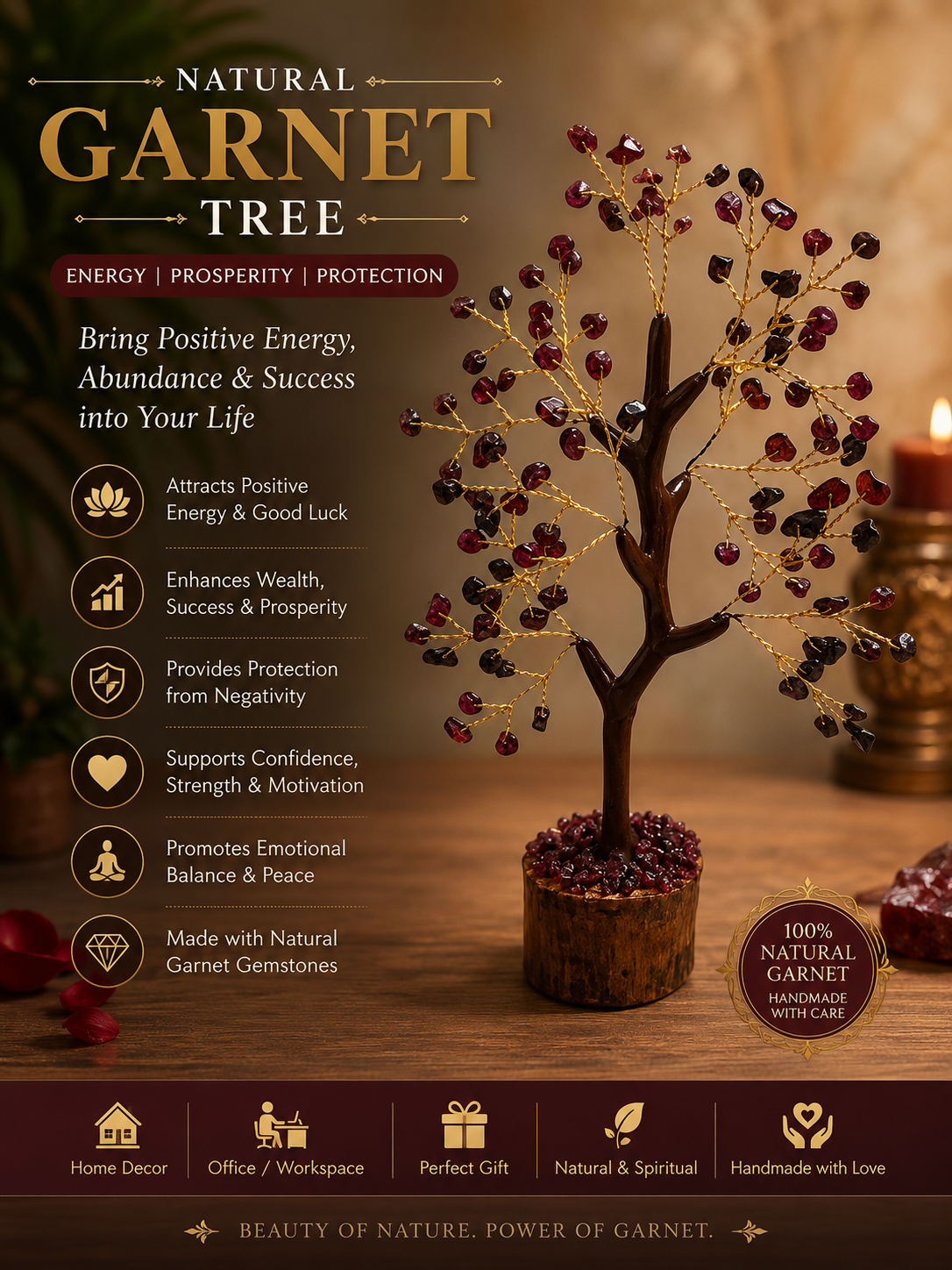 Decorative garnet tree with glowing lights on a wooden surface, surrounded by candles.