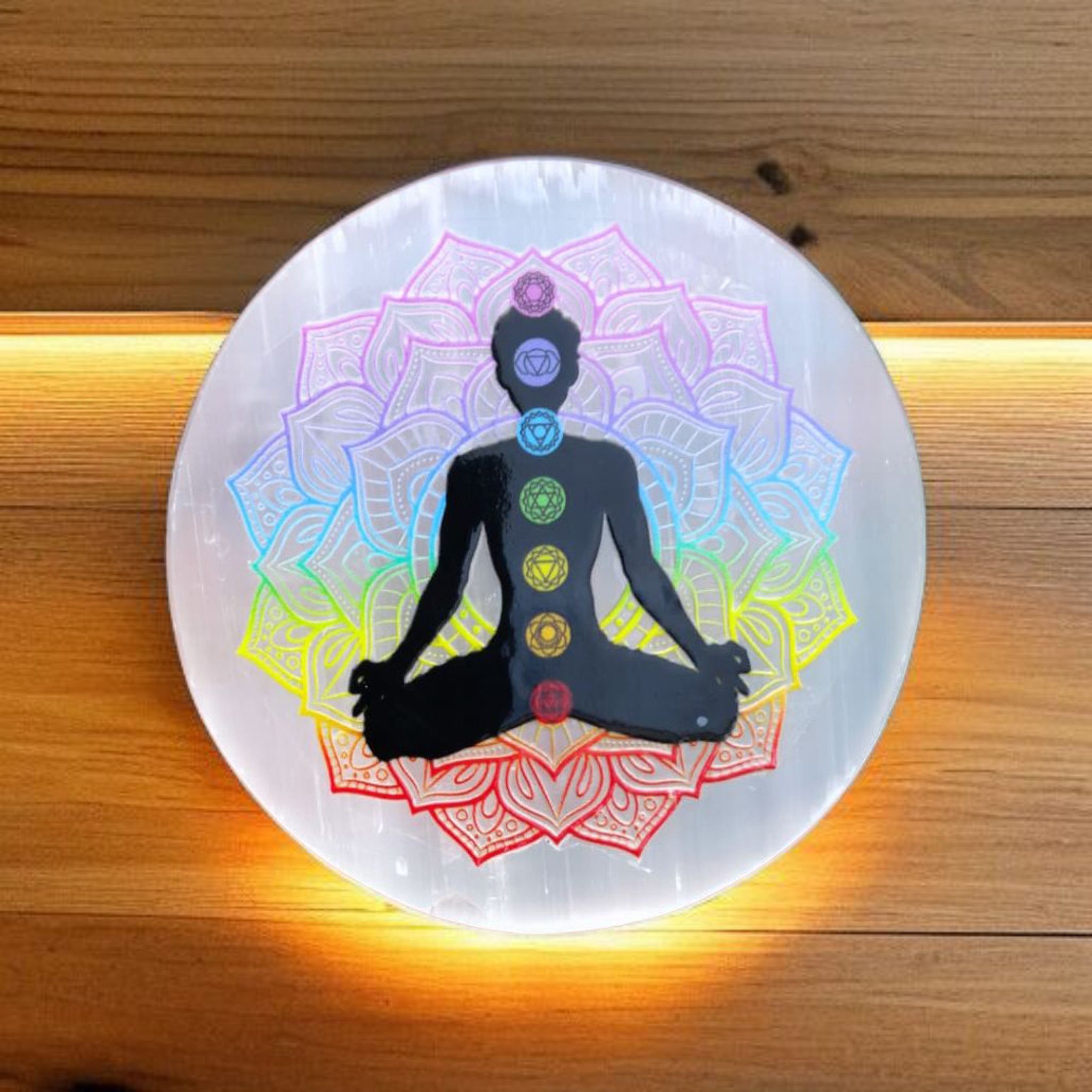 Selenite Coaster with 3D 7chakra Symbol