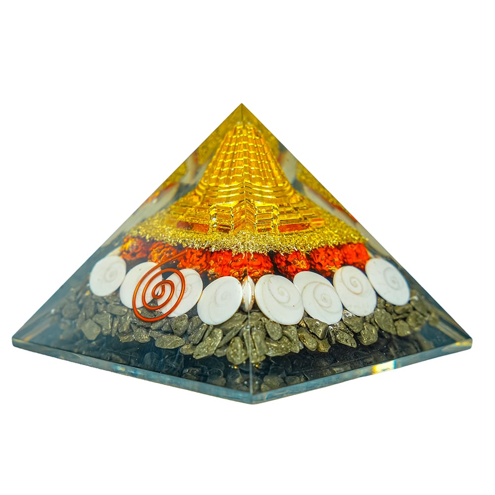 Dhanlabh Pyramid with Shree Yantra, Rudraksha, Gomti Chakra & Pyrite for money attrection
