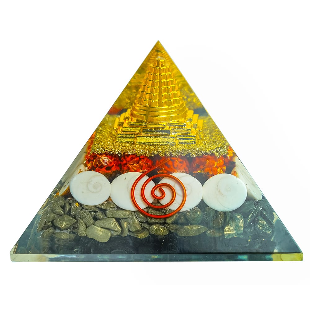 Dhanlabh Pyramid with Shree Yantra, Rudraksha, Gomti Chakra & Pyrite for money attrection