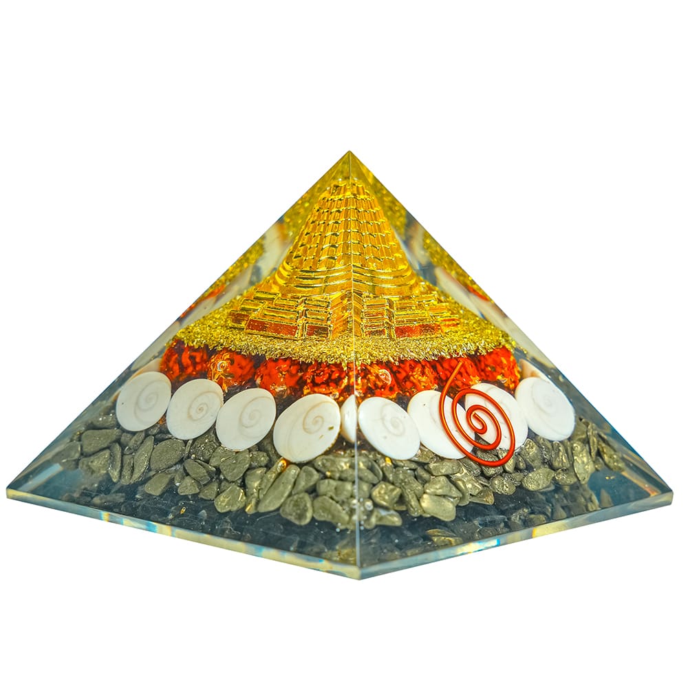 Dhanlabh Pyramid with Shree Yantra, Rudraksha, Gomti Chakra & Pyrite for money attrection